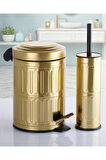 Pedallı Çöp Kovası Tuvalet Wc Fırçası Banyo Çöp Kovası 2li Banyo Seti 5 Litre Gold Vintage