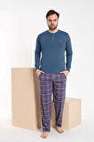 Erkek 3 Düğmeli Ekose Desen Pamuk Likra Mevsimlik Modal Uzun Kol Manşetli Cepli Pijama Takımı