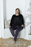 Pijamoni Büyük Beden Kadife Kumaş K. Siyah Pijama Takımı - 4230