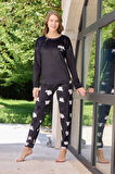 Pijamoni Kadife Kumaş Panda Desenli Uzun Kollu K. Siyah Pijama Takımı-4210