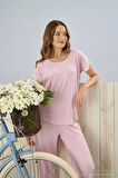 Pijamoni Dublin Kumaş Dantel Detaylı Kısa Kol Pembe Pijama Takımı - 5345