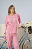 Pijamoni Polyviskon Uzun Kollu Pembe Pijama Takımı - 7300