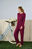 Pijamoni Dublin Kumaş Sabahlıklı Mürdüm Pijama Takımı-5325