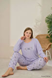 Pijamoni Büyük Beden Viskon Kumaş Uzun Kollu Lila Pijama Takımı -7330