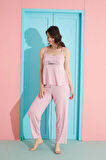 Pijamoni Askılı Altı Uzun Polyviskon Kumaş Pembe Pijama Takımı -2755
