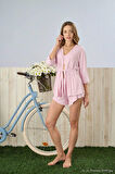 Pijamoni Crop-Şort-Sabahlık 3'lü Pembe Pijama Takımı -5355