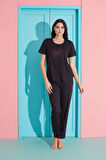 Pijamoni Milan Kumaş Kalp Desenli Siyah Pijama Takımı - 7605