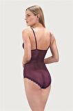COTTONHİLL Mürdüm Çıtçıtlı Dantel Detaylı Kaplı Dekolteli Kadın Bodysuit