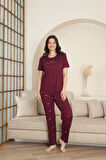 Pijamoni Milan Kumaş Ay Desenli Mürdüm Pijama Takımı - 7605