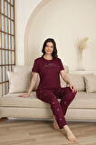 Pijamoni Milan Kumaş Ay Desenli Mürdüm Pijama Takımı - 7605