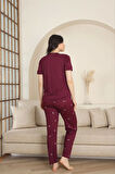 Pijamoni Milan Kumaş Ay Desenli Mürdüm Pijama Takımı - 7605