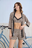 Pijamoni Kadın Milan Kumaş Leopar Desenli Şortlu Sabahlıklı Üçlü Pijama Takımı – 7555