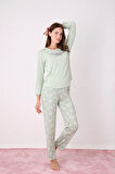 Pijamoni Kadın Milan Kumaş Bisiklet Yaka Pijama Takımı - Su Yeşili