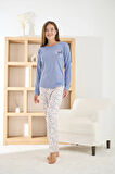 Pijamoni Kadın Berlin Kumaş Bisiklet Yaka Mavi Pijama Takımı - 8811