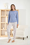Pijamoni Kadın Berlin Kumaş Bisiklet Yaka Mavi Pijama Takımı - 8811