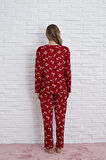 Pijamoni Kadın Milan Kumaş Bisiklet Yaka Yaprak Desenli Bordo Pijama Takımı - 7600