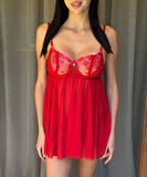 Arona Kadın Kalp Desenli Brode Gecelik Takımı Kırmızı