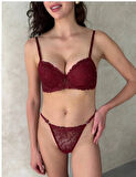 Arona Kadın Dolgusuz Balenli Brode Desenli Tanga Sütyen Takımı Bordo