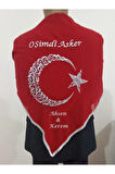 Kırmızı Şifon O Şimdi Asker Gümüş Sim Nakış İşlemeli Asker Omuz Şalı Atkısı Kişiye İsme Özel