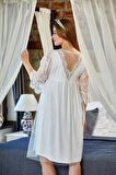 ,Cossy By Aqua 23189 Ecru Dantel ve Tül Detaylı Hamile Lohusa Gecelik