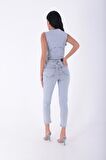 Yüksek Belli ve Yırtıklı Cepli Bilek Boy Kadın Kot Pantolon Normal Koyu Mavi Denim Dört Mevsim