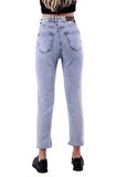 Düğme Detaylı ve Yüksek Belli Cepli Astarsız Mom Kadın Kot Pantolon Kar Açık Mavi Denim Dört Mevsim 