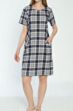 Kadın Ekose Desenli Kısa Kollu Cepli Elbise