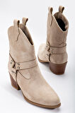 Fate Kadın Bej Süet Termo Taban Sivri Burunlu Western Kovboy Bot