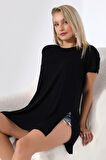 Kolları Katlamalı Yanları Yırtmaçlı Salaş T-Shirt 19598 SİYAH