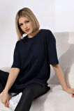 Oversize Yırtmaçlı Raporlu Tunik T-shirt 21493 LACİVERT