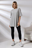 Oversize Yırtmaçlı Raporlu Tunik T-shirt 21493 GRİMELANJ