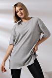 Oversize Yırtmaçlı Raporlu Tunik T-shirt 21493 GRİMELANJ