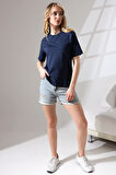 Pamuklu Penye Kompakt Ağır Kumaş Kısa Kol Comfort Fit T-Shirt 21666 LACİVERT