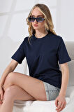 Pamuklu Penye Kompakt Ağır Kumaş Kısa Kol Comfort Fit T-Shirt 21666 LACİVERT