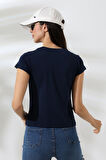 Kare Yaka Kısa Kol Penye Kompakt Likralı Esnek Basic T-Shirt 21069 LACİVERT