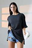 Oversize Yırtmaçlı Raporlu Tunik T-shirt 21493 ANTRASİTMELANJ