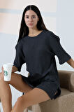 Oversize Yırtmaçlı Raporlu Tunik T-shirt 21493 ANTRASİTMELANJ