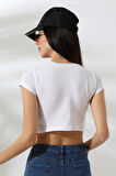 Bisiklet Yaka Kompakt Penye Esnek Kumaş Crop T-Shirt 21750 BEYAZ