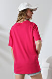 Oversize Bisiklet Yaka %100 Pamuk Penye Kompakt Basic T-Shirt 21752 FUŞYA