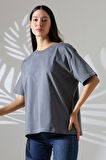 Penye Kompakt Ağır Kumaş Yaka Kaşkorseli Kısa Kol T-Shirt 21667 BOYALI GRİ