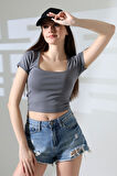 Kare Yaka Likralı Ribana Kumaş Kadın T-Shirt 21804 BOYALI GRİ