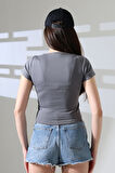 Kare Yaka Likralı Ribana Kumaş Kadın T-Shirt 21804 BOYALI GRİ