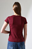 Kare Yaka Kısa Kol Penye Kompakt Likralı Esnek Basic T-Shirt 21069 BORDO