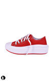 Kadın Kırmızı Rahat Kalıp Keten Günlük Spor Kalın Tabanlı -5cm- Bağcıklı Sneaker Ayakkabı