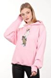 Pembe Baskılı Kapüşonlu Oversize Kadın Sweatshirt