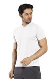 Waffle - Erkek Beyaz V Yaka Spor T-shirt - 7130-08
