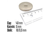 Neodyum Mıknatıs Yuvarlak Havşalı Çap 40mm (delik 10/5.5mm) Kalıklık 5mm 1 Adet