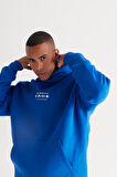 Erkek Mavi Oversize Fit Bol Kesim Kapüşonlu Içi Polarlı 3 Iplik Pamuklu Sweatshirt