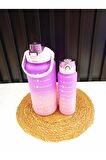 Su Matarası 2'li Motivasyonel Suluk 2lt+900ml Spor Salonu Su Şişesi Yavrulu Sticker Süslemeli
