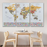 Harita Sepeti Türkçe Dünya Haritası Kanvas Tablo Ülke Bayraklı ve Dekoratif 2380